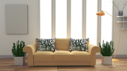 Modern room interior with yellow sofa and plants on white room. 3D rendering