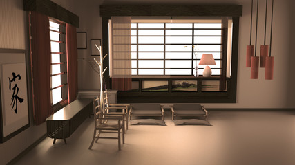 Japanese room interior, Living room design. 3D rendering