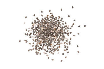 Close up photo of some chia seed spread out on white background