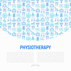 Fototapeta na wymiar Physiotherapy concept with thin line icons: rehabilitation, physiotherapist, acupuncture, massage, gymnastics, go-carts, vertebrae; x-ray, trauma, wheelchair. Vector illustration, web page template.