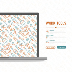 Work tools concept with thin line icons: puncher, drill, wrench, plane, toolbox, wheelbarrow, saw, pliers, sawing machine. Modern vector illustration, web page template.