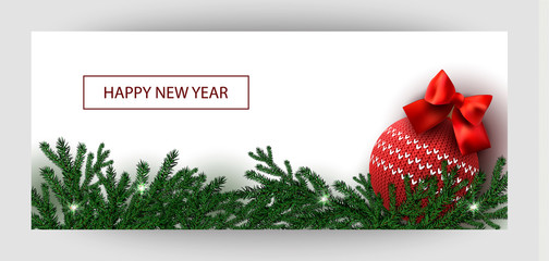 Horizontal gift gold design background red ball and bow for invitation, voucher. For a banner, postcards. flyer, label, certificate, company card. Merry New Year and Happy Christmas. Vector.