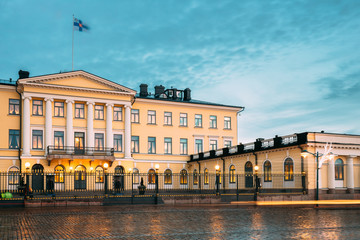 Fototapeta na wymiar Helsinki, Finland. Presidential Palace In Evening Illuminations.