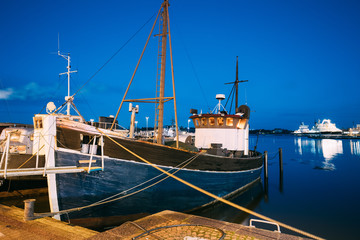 Fototapeta na wymiar Helsinki, Finland. View Of Fishing Marine Boat, Powerboat At Pier