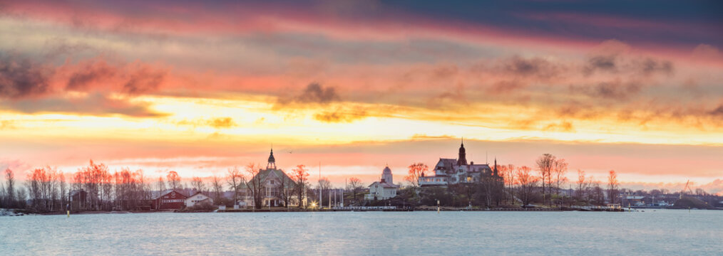 Helsinki, Finland. Panoramic View Of Sunrise Landscape Of Blekholmen