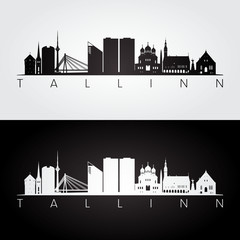 Obraz premium Tallin skyline and landmarks silhouette, black and white design, vector illustration.