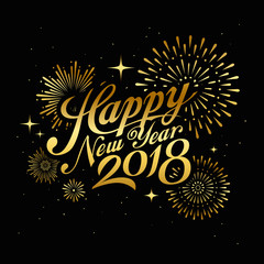 Happy new year 2018 message with firework gold at night concept design, vector illustration