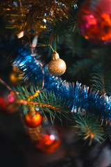 Christmas tree decorations with a blurred background on a Christmas tree.