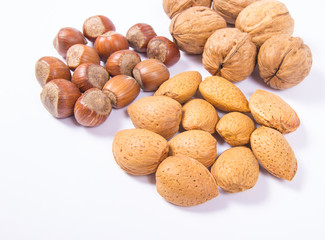 Different types of nuts in a shell on a white background.