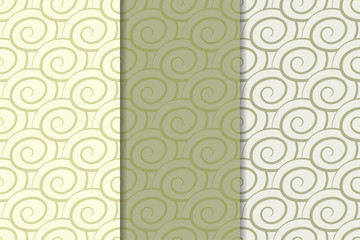 Geometric backgrounds. Olive green and beige abstract seamless patterns