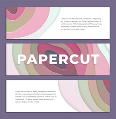 Abstract paper cut cover design. Vector creative illustration. Three horizontal banners textured with wavy colorful paper layers. Flyer template. 3d papercut effect.