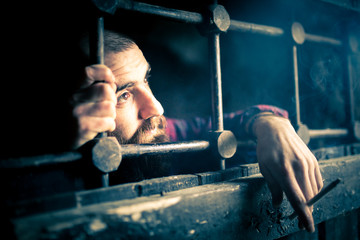 a helpless prisoner between the bars