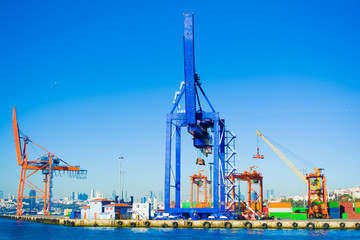 industrial container freight and containers loading shipping by crane at trade port