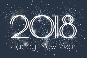 Happy New Year 2018 card with fireworks glowing fire on blurred blue background. Poster, greeting card, banner or invitation. Vector illustration EPS 10.