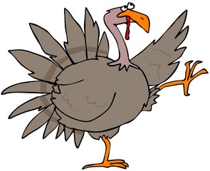 Illustration of a brown Tom turkey kicking its leg and wing up.