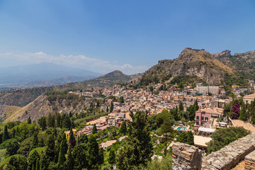 Taormina, Sicily. A picturesque view of the city. In the background, Mount Etna