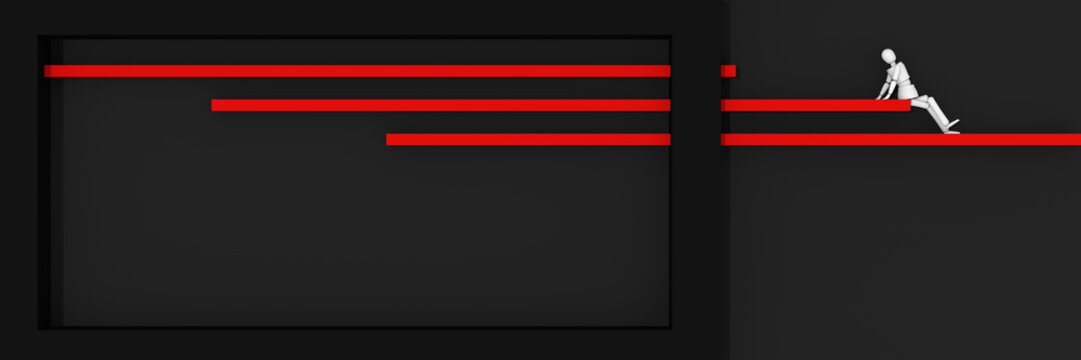 Website-Header/Banner in schwarz-rot, mit Balken und Kasten auf denen eine Marionetten-Figur sitzt.
