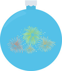 Golden fireworks on blue christmas ball background.