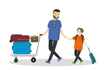 Cartoon happy people and airport trolley with suitcases