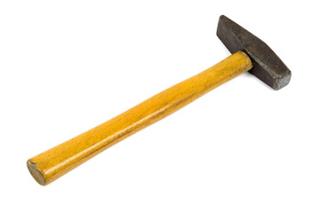 Old rusty hammer on white background