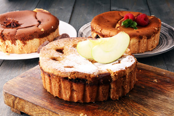 Homemade cheesecake, apple pie and chocolate cheesecakedessert - healthy organic summer dessert pie