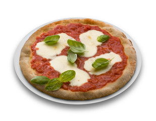 pizza with tomato sauce, mozzarella cheese and basil leaves

