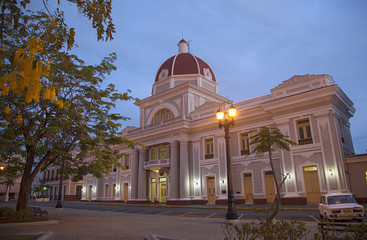 Evening shot of the historic center from park marti, Cienfuegos, Cuba