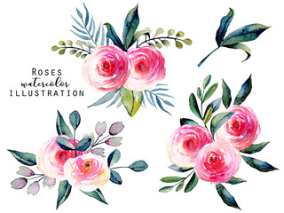 Watercolor red roses and green leaves bouquets set, hand drawn isolated on a white background