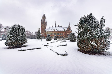 THE HAGUE, 11 December 2017 - Snow on the Peace Palace, seat of the International Court of Justice...