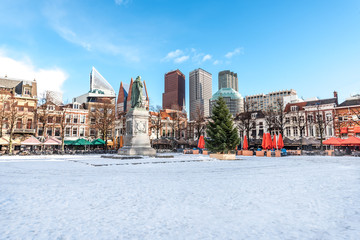 The Plein place, center place of The Hague city  after a heavy red level alert snow storm returns to a peaceful tourist spot area where is joyful to have meals