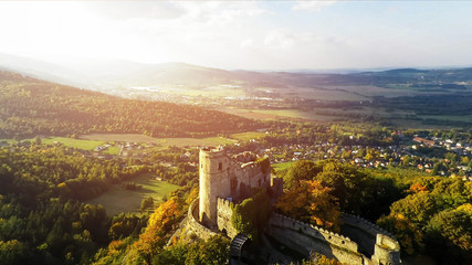 Aerial view of Medieval Castle Chojnik, Lower Silesia. Castle raised in XIII th century on the top of the hill with beautiful panorama - obrazy, fototapety, plakaty