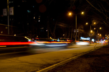 Long exposure of night traffic,  downtown buildings, street scene