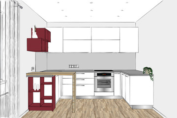 3D rendering. Modern kitchen design in light interior. Designer sketch. There is also a kitchen peninsula in the room. Kitchen and living room combined. Interior design.