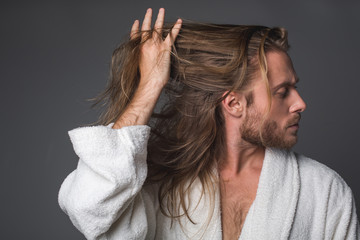 Profile of young bearded guy holding his long tangled locks among fingers. Isolated on grey...