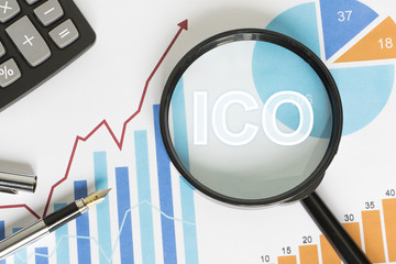 Business currencies search ICO Initial Coin Offering chart diagram on virtual digital electronic user interface.