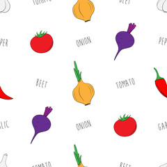 Seamless pattern with pictures of vegetables. Vector