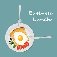 Business lunch concept. Plate with scrambled eggs, toast and tomatoes on a blue background. There is also a fork and a knife in the picture. Vector illustration