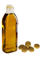 Olive oil and olives on white background