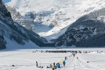 Backcountry skiing on frozen Lake Louise