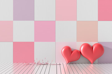 Living room in valentine day decor with red sofa, pink fabric, pillow, glass table and vase. Rooms of Love on Valentine`s Day. For happy heart. Background and interior. 3D render.