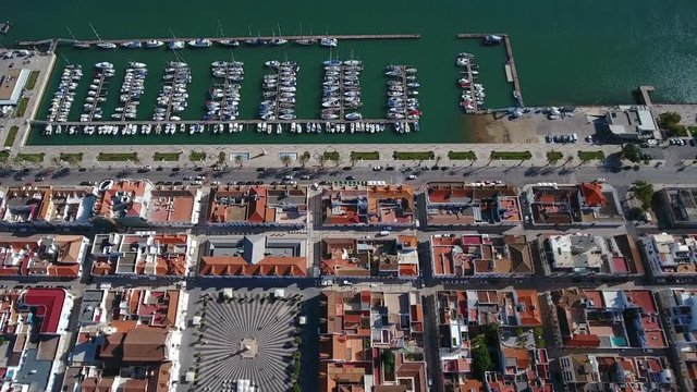 Aerial. View from the sky of village of Vili Real Santo Antonio and the Guadiana River.