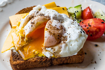 Poached Egg on Toast Bread with Cheddar Cheese, Balsamic Vinegar, Salad and Black Sesame or Cumin Seeds