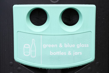 Recycle glass bottles green and blue waste storage bank bin