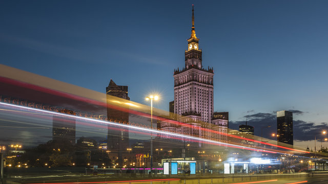 Fototapeta Night view of Warsaw center