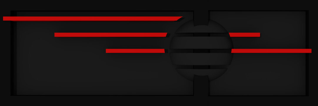 abstrakter Website-Header/Banner in schwarz und rot mit Streifen und Kugel.