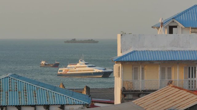 Ferry anchored in Zanzibar port floating