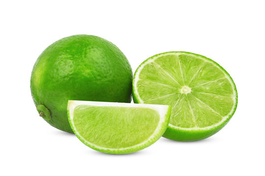 whole and half with slice fresh green lime isolated on white background