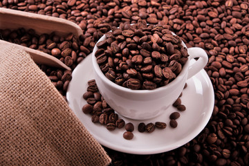 White coffee cup and saucer one single for espresso or capuccino on a background of scattered dark coffee beans with sack and scoop photo