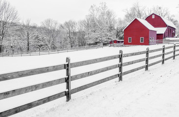 Lovely black and white, red farm scenery. Winter rural background © TetyanaOhare