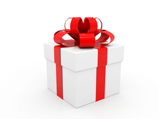 White Cardboard box with red ribbon and bow. Gift Box on white background. Happy birthday Christmas New Year wedding or Valentine day package Design. 3d render